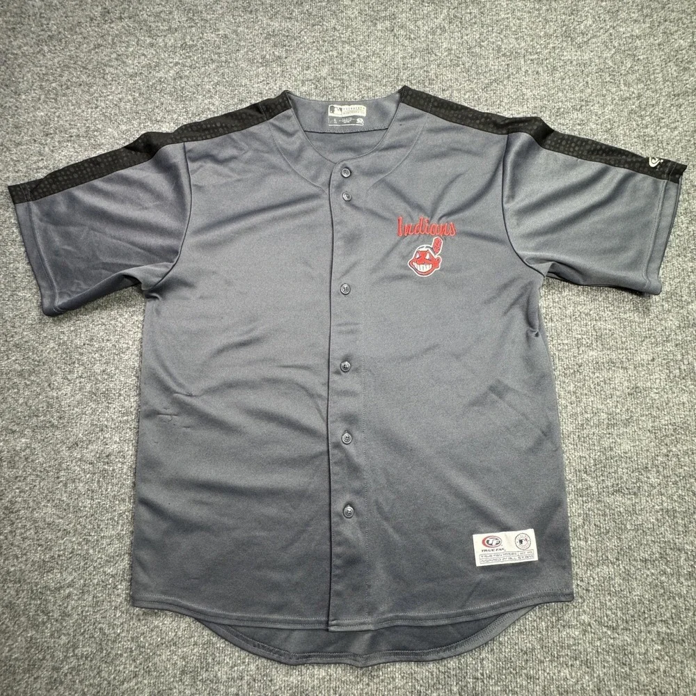 Cleveland Indians True Fan Baseball Jersey Kids L Grey Chief Wahoo Streetwear